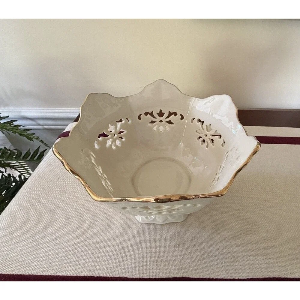 Lenox Langtry Ivory Porcelain Bowl 24K Gold Trim & Cut-Out Details Made In USA
